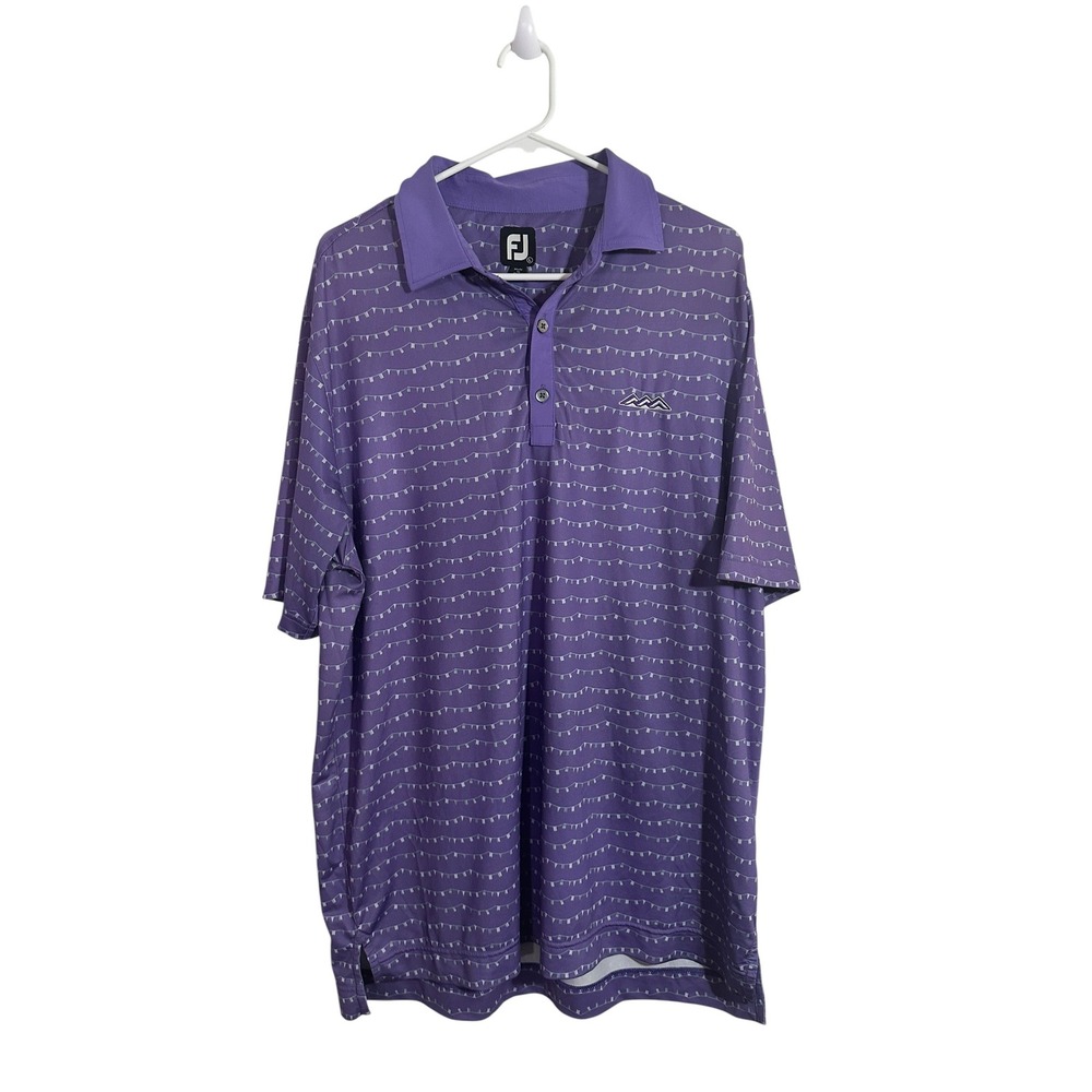 FootJoy Mens Purple Pennant Flag Print Golf Polo Shirt Large FJ Mountain Logo